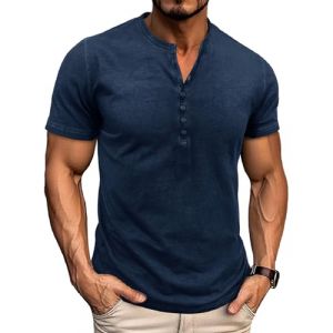 LAOARA Tee Shirt Homme T Shirt T-Shirts &agrave; Manches Courtes Homme Coton Henley Vintage Col Tunisien Boutons Et&eacute; Bleu XL (Laoara Store, neuf)