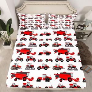 Homewish Drap Housse 90x190 Enfant 1 Personne, Drap de Lit Tracteur Rouge, Parure de Lit Camion D'&Eacute;quipement Lourd, Drap-Housse Tracteur de Moissonneuse, Drap de Lit Mat&eacute;riel Agricole (Suzhou yiyanyun e-commerce Co., Ltd, neuf)