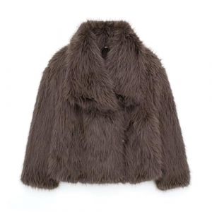 FZKun Veste courte en fausse fourrure pour femme &agrave; manches longues avec boutons - Manteau d'hiver chaud et pelucheux avec poches, marron, L (qinrunbaihuo, neuf)