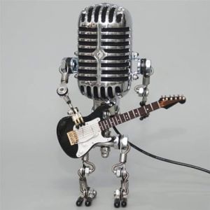 Qklovni Lampe de bureau vintage en forme de robot avec microphone en métal avec mini guitare, lumière vintage pour décoration d'intérieur, table de nuit, lampe de bureau pour chambre, bar, restaurant (MaXiaoLei, neuf)