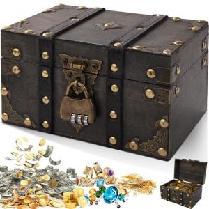 Otauoaea Coffre Trésor Vintage en Bois, Boite avec Cadenas Pirate, Coffre fort Enfant Bois a Code Boîte à Bijoux avec Couvercle Pour Enfant Tirelire pour Stockage, Décoration(Gris) (Versatile official, neuf)