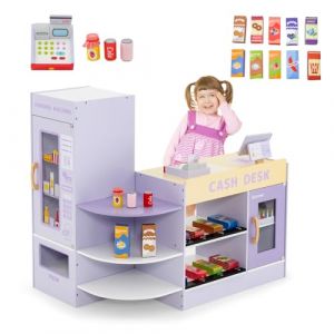 COSTWAY Épicerie Enfants en Bois avec 13 Accessoires & Distributeur Automatique, Marchande Enfants avec Caisse Enregistreuse Réaliste & 5 Étagères, Jeu d’Imitation pour Enfants de 3-8 Ans (FDS GmbH, neuf)