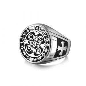 Amaxer Bague chevali&egrave;re Saint Benoit de Nursie pour homme Bague de protection religieuse St Benoit Exorcisme Catholique Croix romaine (Argent&eacute;., 20mm) (amaxer, neuf)