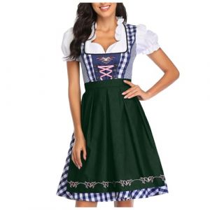 Robe Dirndl pour femme - Costume de fête de la bière, 3 pièces - Robe à carreaux avec tablier - Jupe midi - Costume bavarois bavarois pour fête de la bière bavaroise - Carnaval - Fête de la bière, (MengLA, neuf)