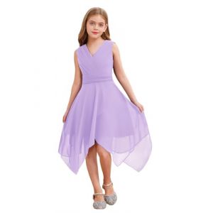 YiZYiF Enfant Fille Robe Princesse Habillée Mousseline Robes de Mariage Soirée Cocktail Cérémonie Asymétrique Col V sans Manches Robe Demoiselle d'honneur 7-16 Ans Lavende 13-14 Ans (Shifang, neuf)