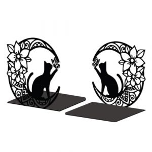 Peacoblue Lot de 2 Serre-Livres en m&eacute;tal, Serre Livre Lune avec Chat Et Fleur,avec Autocollants antid&eacute;rapants pour Chambre &agrave; Coucher, biblioth&egrave;que, Bureau, &eacute;cole et Bureau(1 Paires) (Peacoblue FR, neuf)
