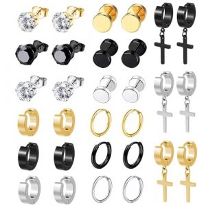 BVLAGIDA 15 Paires Boucle d'Oreille Homme, Boucle d'Oreille Acier Inoxydable, Argent Noir Or Clous d'Oreilles, Boucle d'Oreille Cr&eacute;ole, Boucles d'Oreilles Faux Plug pour Homme Femme (MULIU official, neuf)