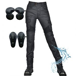 SHUOJIA Jeans de moto pour femme moto coupe-vent imperméable pantalon de moto enduit, avec 2 paires de coussinets amovibles pour protéger les hanches et les genoux plusieurs poches Jean (Noir,XL) (SHUOJIA, neuf)