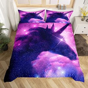 Parure de lit Galaxy Licorne 200 x 200 cm Parure de lit pour Enfants Filles Cartoon Literie Motif Galaxie Violet imprimé Animal avec 2 taie d'oreiller 65 x 65 cm (Bofanshangmao, neuf)