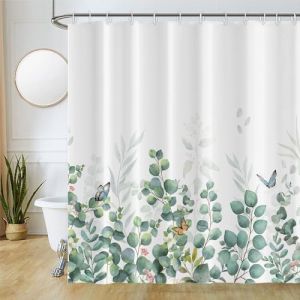 Uiiooazy Rideau Douche Anti Moisissure, Rideau de Douche 220x180cm Vert Feuilles d'eucalyptus Papillon Rideaux de Baignoire Tissu Lavable Imperm&eacute;able Polyester Rideaux Salle de Bain avec 12 Crochets (dongguibinjingpinxiaodianpu, neuf)