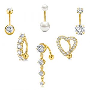 LAURITAMI 6 Pièces 14G Piercing Nombril Or Set, Acier Chirurgical Anneau Cœur Inversé CZ Perle Diamant Bijoux pour Femmes Hommes (FaLan Jewelry, neuf)