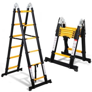Yakimz &Eacute;chelle t&eacute;lescopique en aluminium - 3,8 m (1,9 m + 1,9 m) - Avec stabilisateurs - &Eacute;chelle t&eacute;lescopique - Antid&eacute;rapante - Charge maximale : 150 kg - Noir/jaune (HITGROW, neuf)