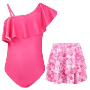 JiAmy Maillot de Bain Une pi&egrave;ce pour Fille Maillot de Bain Une &eacute;paule &agrave; Volants avec Jupe Protection Solaire UV Maillot de Bain Floral pour Fille 5-6 Ans (JiAmy-EU, neuf)