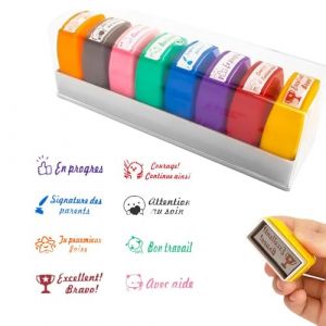 RNPKZ Tampon Encreur Enseignant Français, Lot de 8 Tampon Encreur pour Enfant,Tampons Auto Encreur TamponEnseignant Maternelle Cadeau pour Professeur Tampons Ecole avec Boîte pour Encourager Élèves(A) (bai wei ju shangmao, neuf)