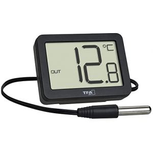 TFA Dostmann Thermomètre digital intérieur/extérieur, 30.1066.01, sonde de température étanche, valeurs maxi/mini, aimant/support, petit thermomètre, idéal pour aquarium, réfrigérateur, noir (AS-Discount, neuf)