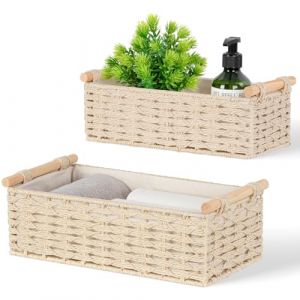 Aevcvok Panier de Rangement Salle de Bain, Lot de 2 Panier Rangement avec Doublure, Paniers pour Etag&egrave;res Corbeille Rangement, Boh&ecirc;me Panier Osier Empilable pour Salle de Bain, Salon (Beige) (Avokuya, neuf)