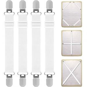 Quelcc 4pcs Tendeur Drap Housse (30cm à 130cm), Clips de Drap de Lit Blancs, Sangle Élastique Eéglable et Clip en Métal, Attache Sangle de Maintien Ajustable, pour Drap Lit, Housse de Repassage (Liwee, neuf)