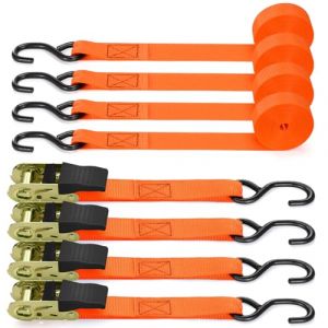 Sangle à cliquet 4 pièces, Ohuhu 680kg 4,6m Sangles de Serrage à cliquet Sangle d'arrimage avec tendeur à cliquet pour équipement de Jardin, appareils de déménagement, Moto, Orange (TSMART, neuf)