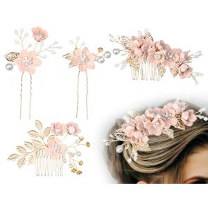 KAPSING Lot de 4 accessoires pour cheveux de mari&eacute;e, peignes &agrave; cheveux en strass, couvre-chef de mari&eacute;e floral, accessoires pour cheveux de mari&eacute;e en perles, bijoux de mari&eacute;e faits &agrave; la main (Nieshe-eu, neuf)