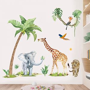 wondever Stickers Muraux Animaux de la Jungle Autocollants Muraux Mural Stickers Safari Éléphant Girafe Léopard Palmier pour Chambre Enfants Bébé Pépinière (H:130cm) (YiwuShi Xili Maoyi Youxian Gongsi, neuf)