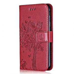 Coque pour Huawei Honor 8S / Huawei Y5 2019, Conber Etui en Cuir PU Portefeuille, Antichoc Flip Case Housse R&eacute;tro Emboss S&eacute;rie de Chat et d'arbre pour Huawei Honor 8S / Huawei Y5 2019 - Rouge (CONBER, neuf)