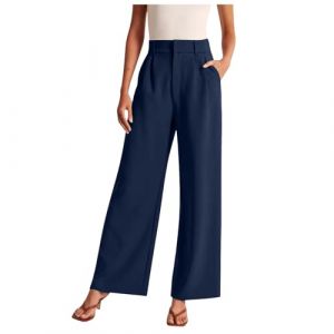 Pantalon Femme Chic Et Elegant Fluide Jambe Large Pantalon Habillé Femme Taille Haute Grande Taille Ample Fashion Casual Cérémonie Soirée Cocktail (a-Dark Blue, M) (Vuncio, neuf)