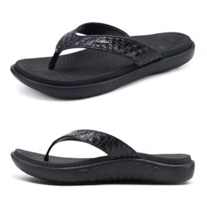 KuaiLu Noir Tongs Femmes Sandales en Cuir de Mode été Avec Support de Orthopédique Tongs de Plage et Claquettes de Piscine Taille 43EU (KUAILU-YSA, neuf)