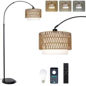 Rayofly lampe à arc salon lampadaire, lampadaire en rotin avec télécommande et ampoule LED, contrôle par application, lampadaire vintage avec double abat-jour, lampadaire boho pour chambre à coucher (Rayofly-EU, neuf)