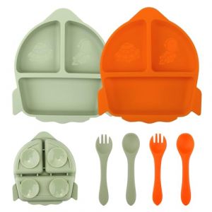 nohlerlife Lot de 2 Assiettes Ventouse pour Bébé, avec 2 Fourchettes 2 Cuillère en Silicone Assiette Compartiments, Ensemble d'Alimentation pour Bébés sans BPA (Vert/Orange) (Lightening-EU, neuf)