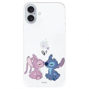 Coque compatible avec iPhone 16 Plus Officielle Disney Angel & Stitch Baiser pour prot&eacute;ger votre mobile. Coque en silicone transparente souple sous licence officielle Lilo & Stitch (La Casa de Las Carcasas, neuf)