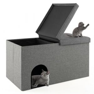 COSTWAY Maison de Toilette pour Chat 2 en 1, Banc pour Chaussures avec Toilettes Cach&eacute;es pour Chats, Tapis &agrave; Liti&egrave;re pour Chats &agrave; 2 Couches, Filtre &agrave; Charbon Anti-Odeur et Couvercle Rabattable (Gris) (FDS GmbH, neuf)