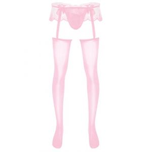 ranrann Collant Homme Sexy Transparent Ouvert Sissy Lingerie Erotique Hot Collant Porte-jarretelle Dentelle String Jockstrap Gay Type A Rose Taille Unique (ranraneu, neuf)