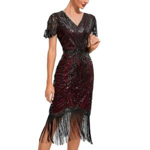 Celanisai Robe de bal sexy pour femme - Col en V - Robe de bal Charleston - Robe de soir&eacute;e Gatsby - Style r&eacute;tro - Robe de soir&eacute;e - Costume de carnaval, O rouge., M (Bieuzhlo, neuf)