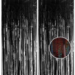 Lot de 2 rideaux à franges en aluminium noir pailleté - 1 x 2,5 m - Serpentins de fête - Décorations de fête pour anniversaire, remise de diplôme scolaire, enterrement de vie de jeune fille (GAOSHUONUO STORE, neuf)