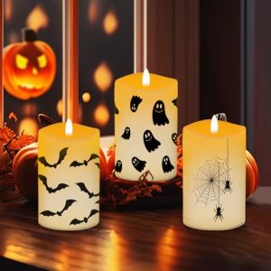 3 Pièces Bougies LED pour Halloween, Bougie Led Halloween, Photophore Halloween avec Chauve-Souris/Araignée/Fantôme-Motif, pour Bougies Decoration Table Halloween (7,5 x 15cm) (xintuozjiayou, neuf)