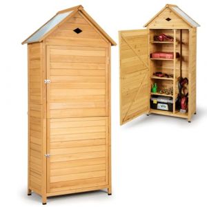 GOPLUS Abri de Jardin 5 Étagère avec Porte Verrouillable, Cabane de Jardin Extérieur en Bois de Sapin pour Outils, Toit Galvanisée Imperméable, 70 x 35 x 176 CM, Pieds Surélevé pour Terrasse, Naturel (Augenstern24, neuf)