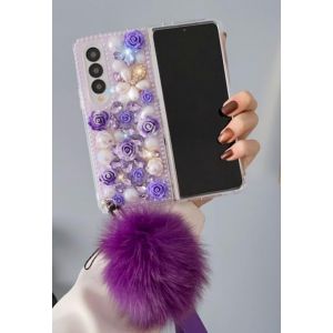 Szakdws Bling Diamant Coque de protection pour Samsung Galaxy Z Fold 6 5G avec housse de balle en fourrure en peluche, violet 3D scintillant cristal strass fleur girly antichoc avec cordon porte-cl&eacute;s (Shinyzone, neuf)