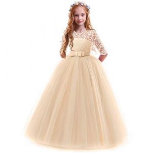 IWEMEK Enfants Fille Robe de Carnaval Princesse Longue en Dentelle avec Bowknot Demoiselle d'honneur Robe de Soirée Mariage Robe de Première Communion Anniversaire Fête Photographie 7-8 Ans (IWEMEK, neuf)