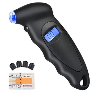 URAQT Manometre Pression Pneu, Manomètre Pression Numérique, 150 PSI 4 Paramètres, Jauge de Pression de Pneus avec 4 Capuchons de Valve et Profondeur pour pour Voiture Moto, Vélo, Noir(1 Pack) (withchance, neuf)