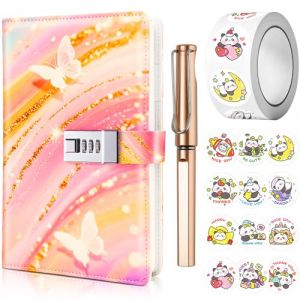 UNIANE Journal avec cadenas pour filles, Journal A5 avec code, Carnet avec cadenas avec stylo et ensemble d'autocollants amusants, Carnet en PU cuir, Cadeau d'anniversaire pour filles (22 x 15 cm (Verified Charm, neuf)