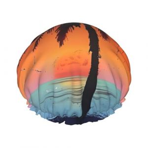 Bonnet de douche motif coucher de soleil tropical pour femmes, grand bonnet de douche réutilisable pour hommes, séchage rapide, soins des cheveux, longs et courts pour enfants (LJMKER08, neuf)