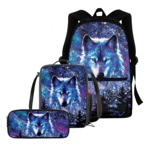 chaqlin Lot de 3 sacs d'école pour garçons et filles + boîte à déjeuner thermique + trousse à crayons, Motif loup violet, Taille unique (chaqlin, neuf)