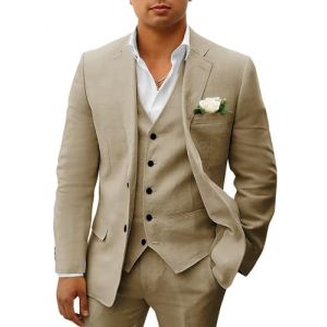 HUUTOE Costume 3 pi&egrave;ces en lin pour homme - Pour la plage, les mariages, les gar&ccedil;ons d'honneur - Costume d'&eacute;t&eacute; d&eacute;contract&eacute; - Blazer en lin - Gilet et pantalon de smoking, kaki, Taille 3XL (NicetomeeeU, neuf)