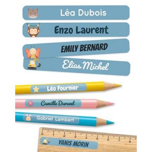 150 &Eacute;tiquettes autocollantes personnalis&eacute;es pour l'&eacute;cole - &Eacute;tiquettes pr&eacute;nom pour crayons et mat&eacute;riel scolaire - R&eacute;sistantes &agrave; l'eau - Bleu (MELU Kids, neuf)