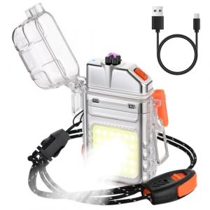 Vicloon Briquet Lumineux, Double Arc Plasma Briquet avec Lampe Torche, Rechargeable USB-C, Coupe-Vent Étanche, Électrique Briquets avec Sifflet d'urgence et Cordon pour Survie en Plein Air (Blanc) (HANSBUY, neuf)