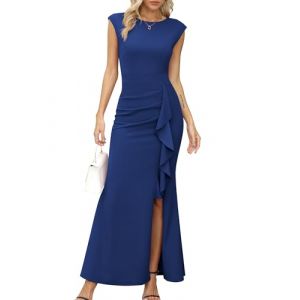 Missufe Robe de soirée maxi pour femme avec manches bouffantes et ouverture en forme de sirène pour mariage, cocktail, bal, bleu, XX-Large (missu, neuf)