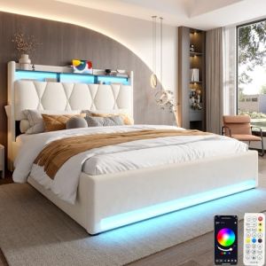 Zepneiy Lit 160x200 avec LED et USB, Lit capitonn&eacute; 160x200 avec espace de rangement et t&ecirc;te de lit, lit double avec sommier &agrave; lattes, lit hydraulique pour jeunes, cadre de lit moderne, en velours (ZEYNEP OZTURK LIMITED, neuf)