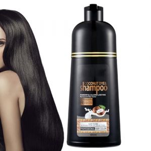 Shampoing de coloration noire pour cheveux - 500 ml - Huile de noix de coco - Couleur instantanée - Avec huile de coco et herbes - Coloration longue durée et ne se décolore pas - Avec ingrédients (banxur, neuf)