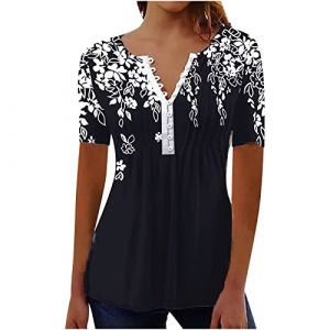Chemisier Femme Chic et Élégant Manches Courtes Tshirt Chemisiers Et Blouses Grande Taille Imprimé Plissé Henley Tunique Tops Col V Blouse de Soie Boheme Haut Tunique Été Tee Shirt Femmes Solde (⭐⭐⭐⭐⭐AEGJEGVD(5-15 jours Arrivé), neuf)