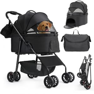 MAMIZO Poussette pour chien 3 en 1, jusqu'&agrave; 30 kg, 4 paires de roues doubles &agrave; 360 &deg;, livr&eacute;e avec un sac &agrave; bandouli&egrave;re, poussette pliable pour chiens de petite/moyenne taille et chats, Noir (BRT Store, neuf)